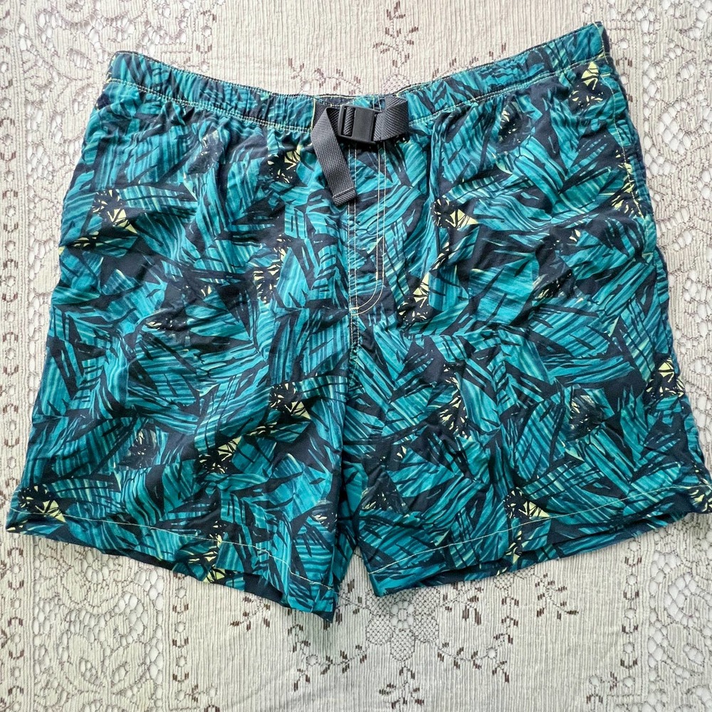 Columbia Men's XL Swim Shorts Green Yellow Tropical Built-in Brief Pockets